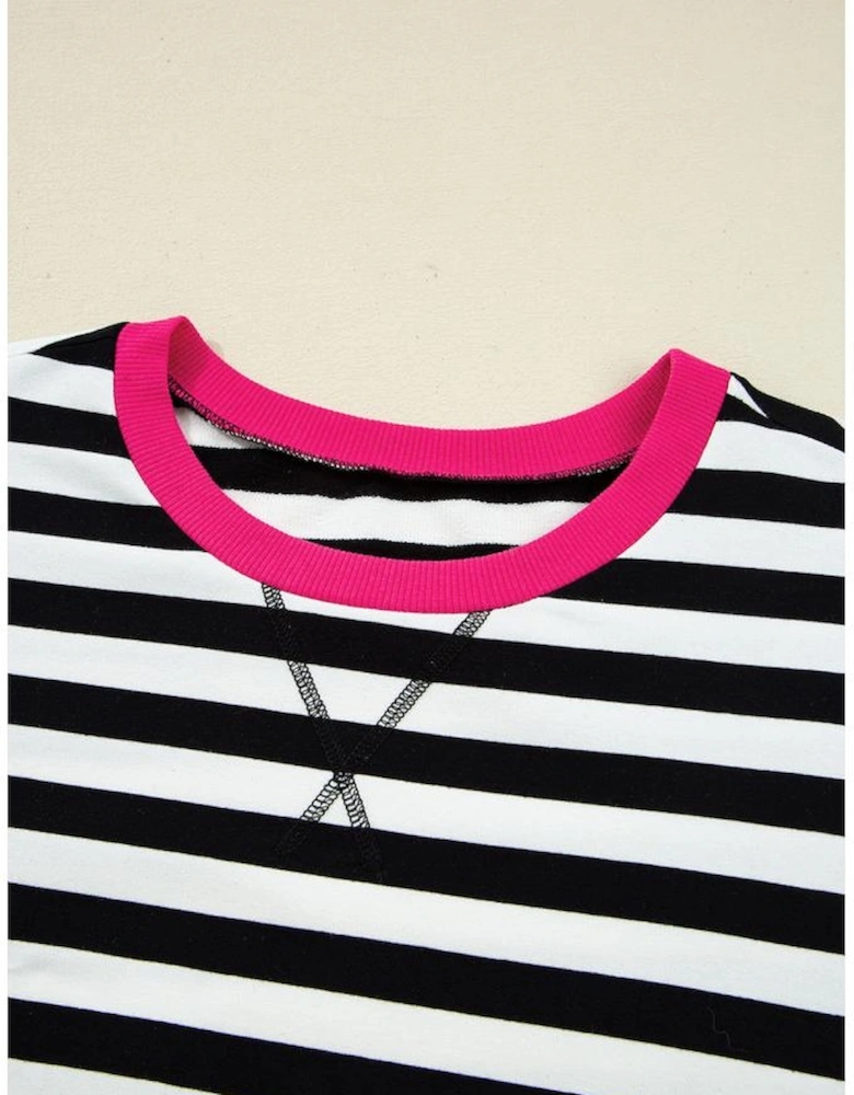 Black Stripe Color Block Edge Pullover and Shorts PLus Size Set