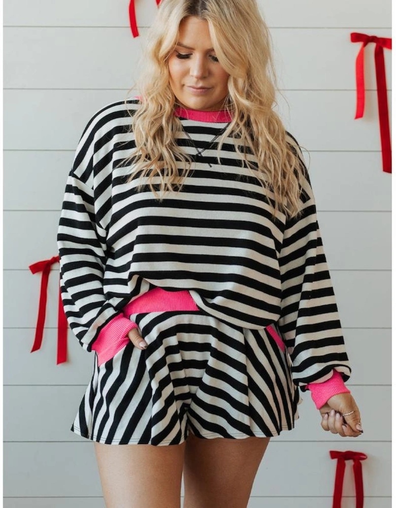 Black Stripe Color Block Edge Pullover and Shorts PLus Size Set