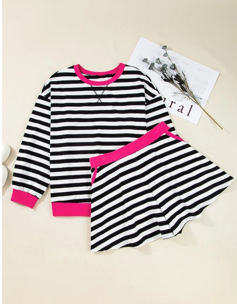 Black Stripe Color Block Edge Pullover and Shorts PLus Size Set