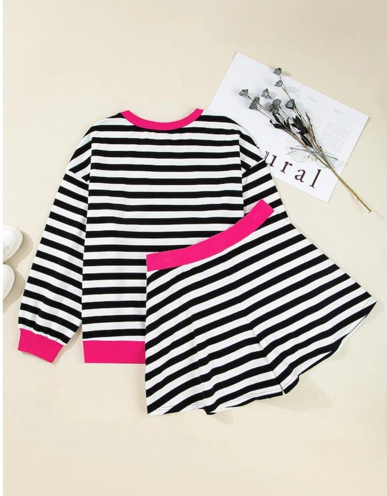 Black Stripe Color Block Edge Pullover and Shorts PLus Size Set