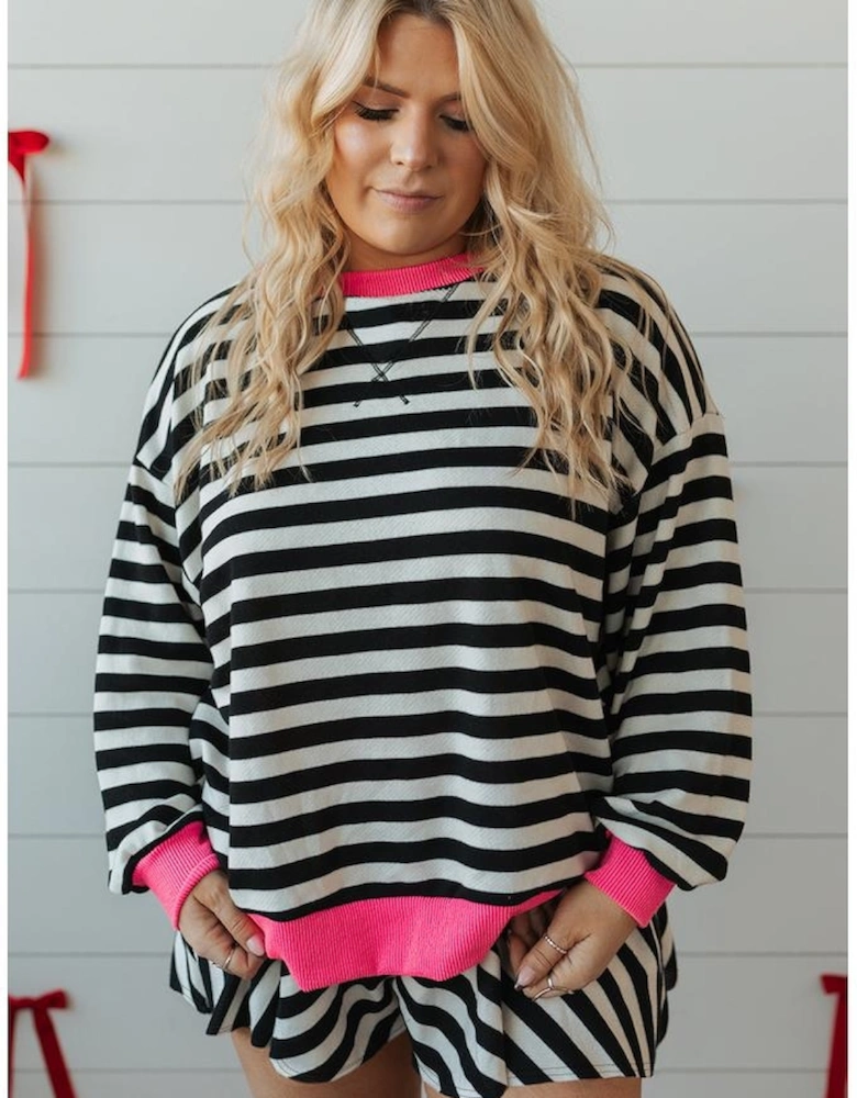 Black Stripe Color Block Edge Pullover and Shorts PLus Size Set