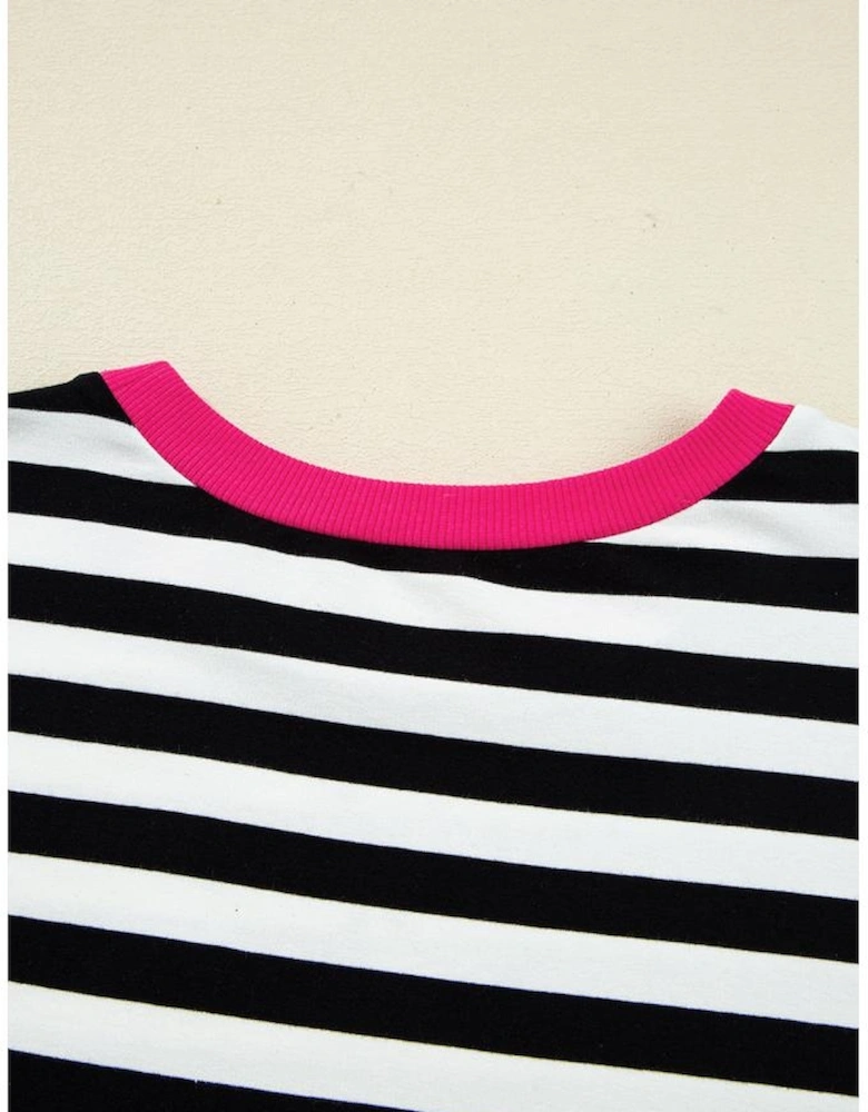 Black Stripe Color Block Edge Pullover and Shorts PLus Size Set