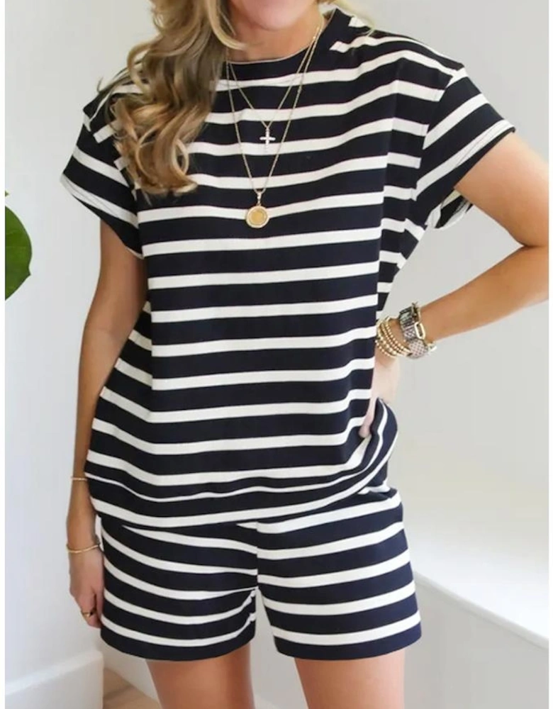 Black White Striped Short Sleeve Top and Shorts Set