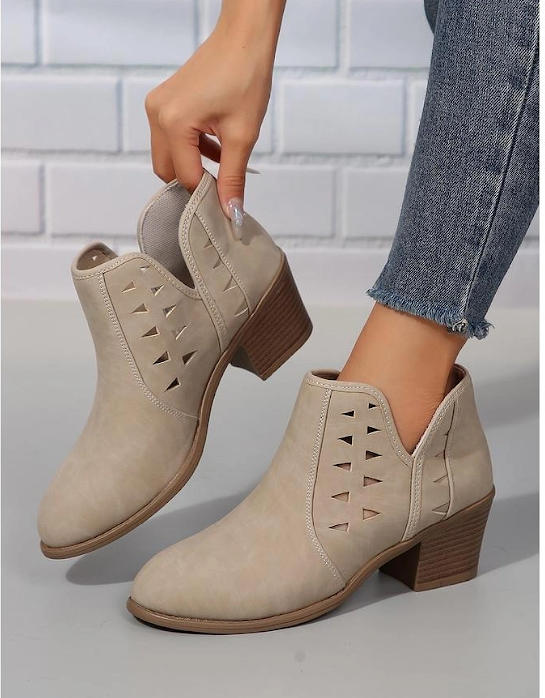 Parchment Cut Out Suede Pointed Toe Heeled Ankle Boots