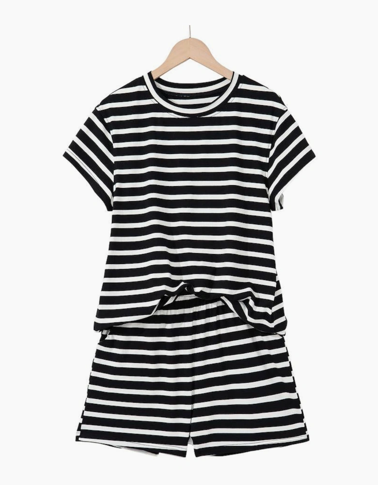 Black White Striped Short Sleeve Top and Shorts Set