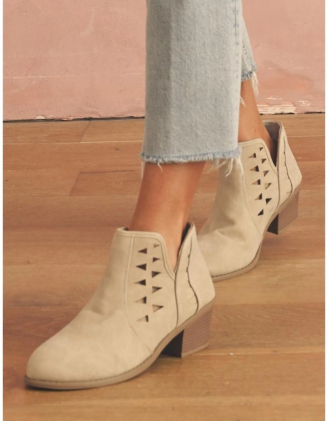 Parchment Cut Out Suede Pointed Toe Heeled Ankle Boots