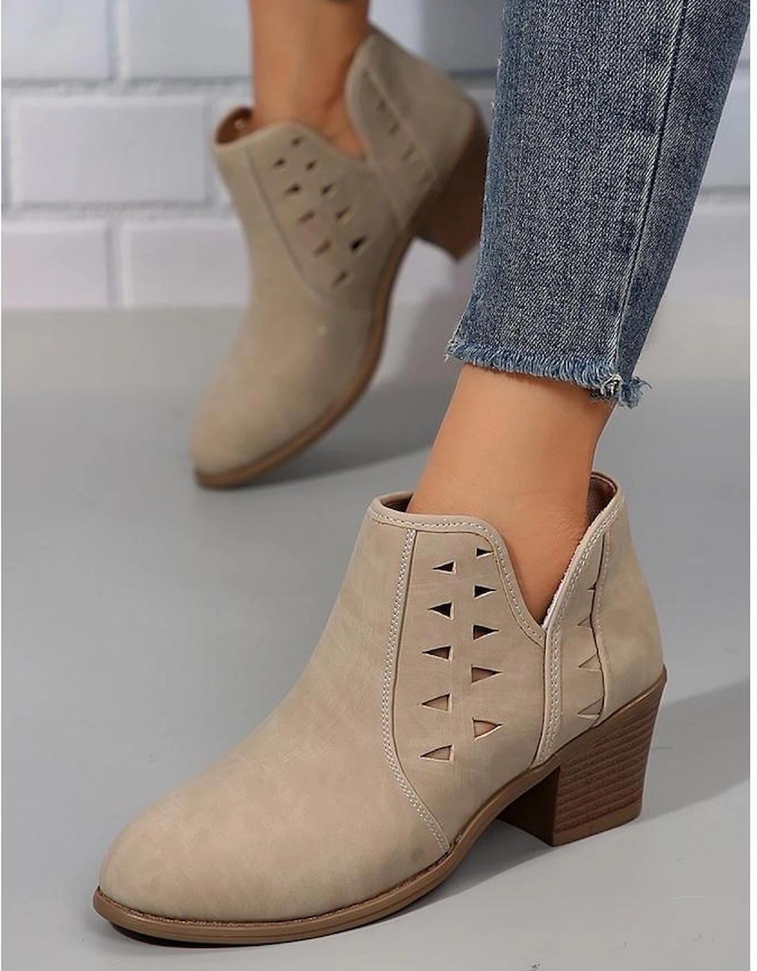 Parchment Cut Out Suede Pointed Toe Heeled Ankle Boots