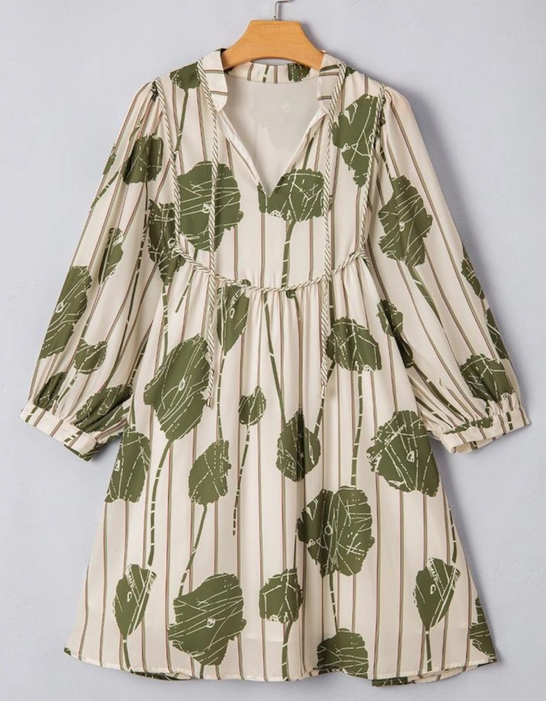 Guacamole Green Floral Striped Print Contrast Piping Puff Sleeve Dress