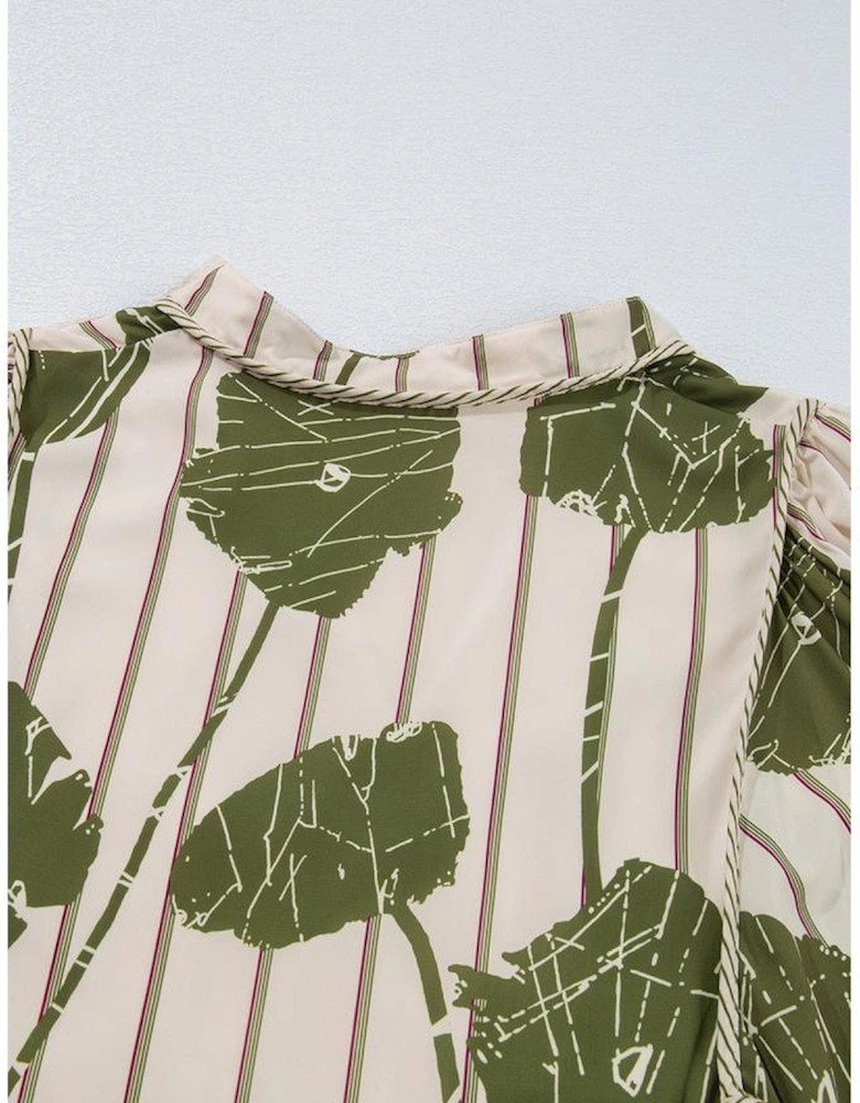 Guacamole Green Floral Striped Print Contrast Piping Puff Sleeve Dress