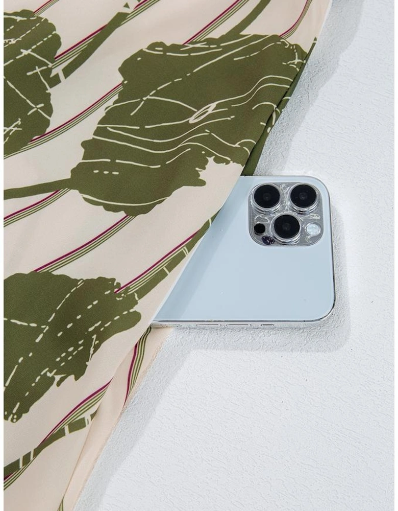 Guacamole Green Floral Striped Print Contrast Piping Puff Sleeve Dress