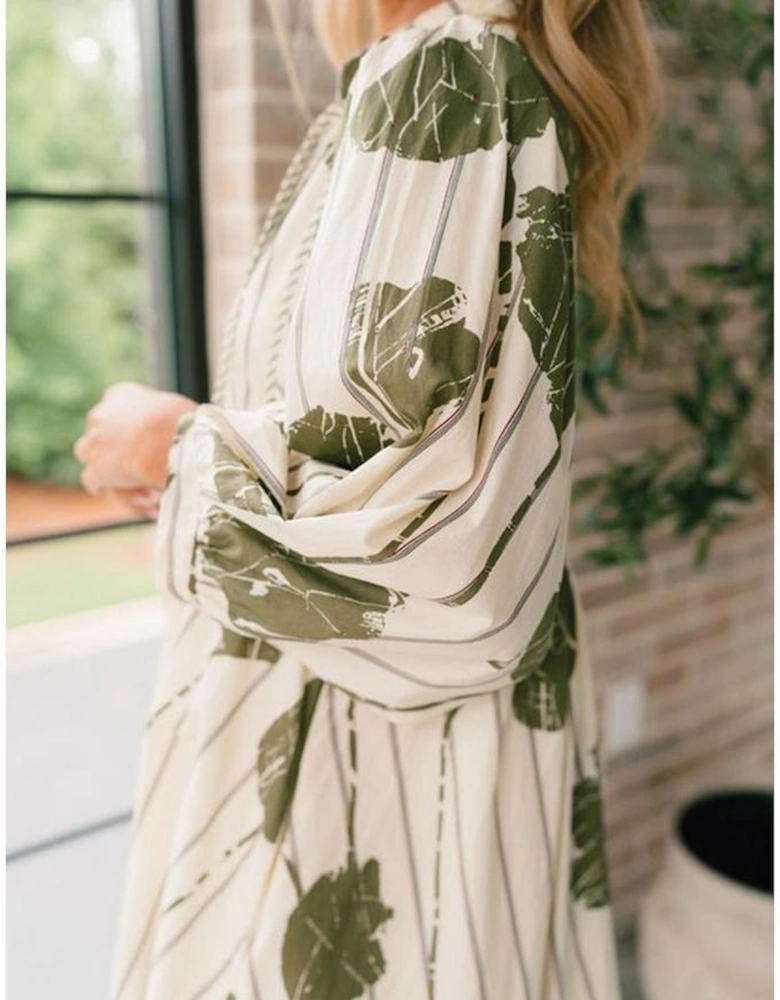 Guacamole Green Floral Striped Print Contrast Piping Puff Sleeve Dress
