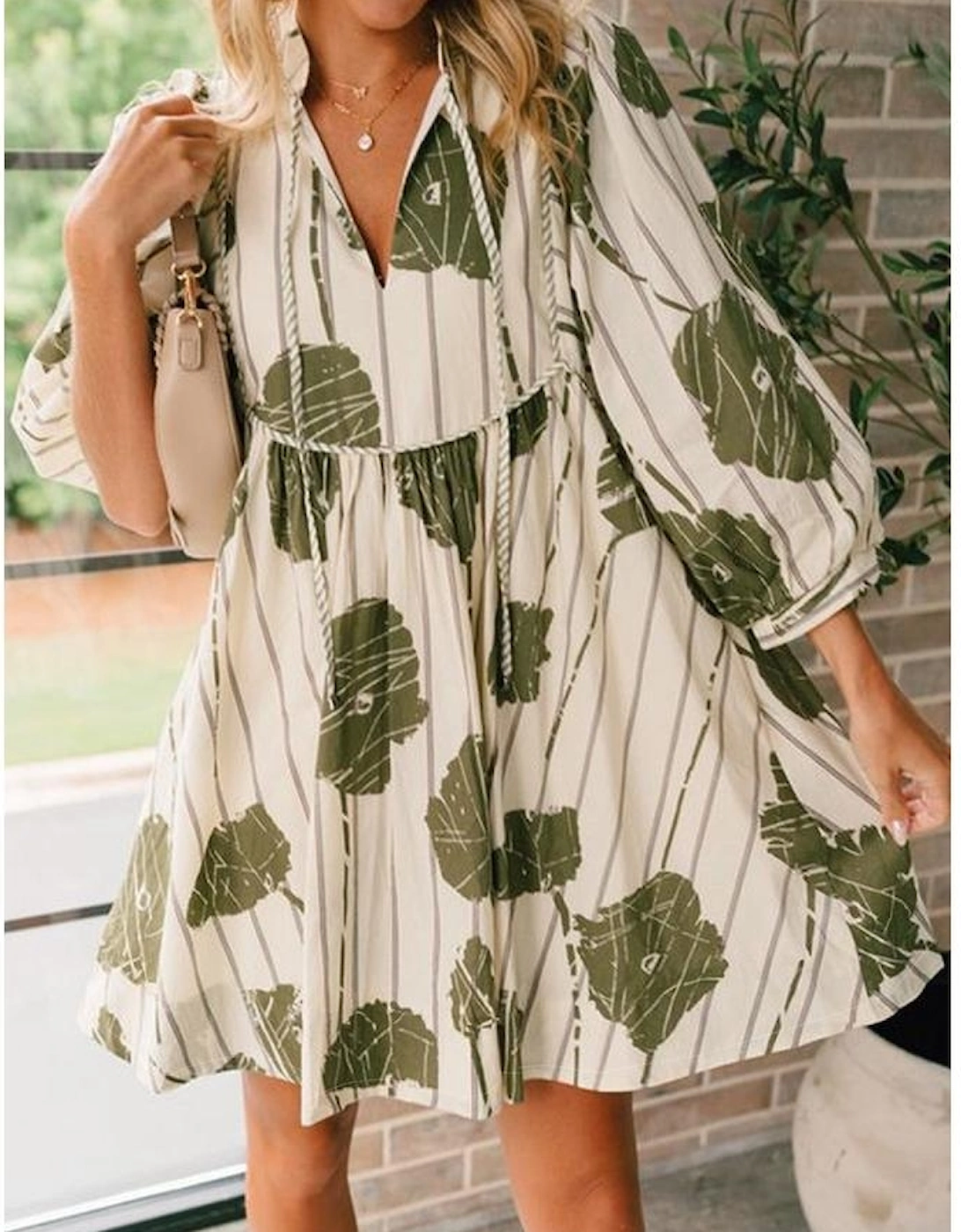 Guacamole Green Floral Striped Print Contrast Piping Puff Sleeve Dress