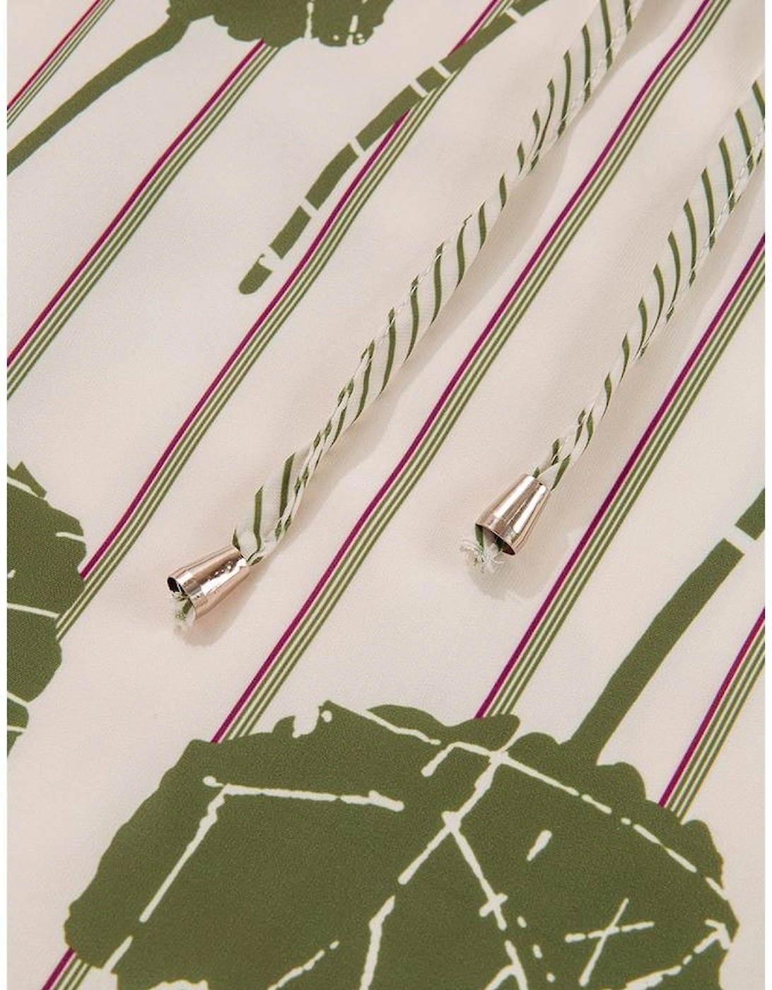 Guacamole Green Floral Striped Print Contrast Piping Puff Sleeve Dress