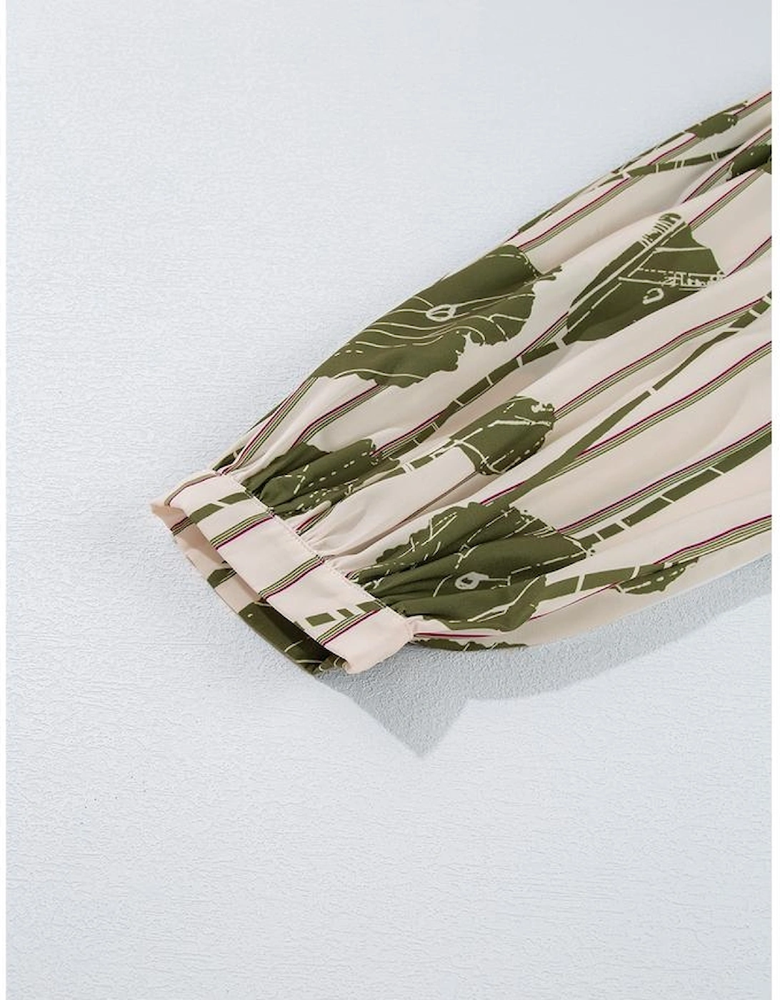 Guacamole Green Floral Striped Print Contrast Piping Puff Sleeve Dress