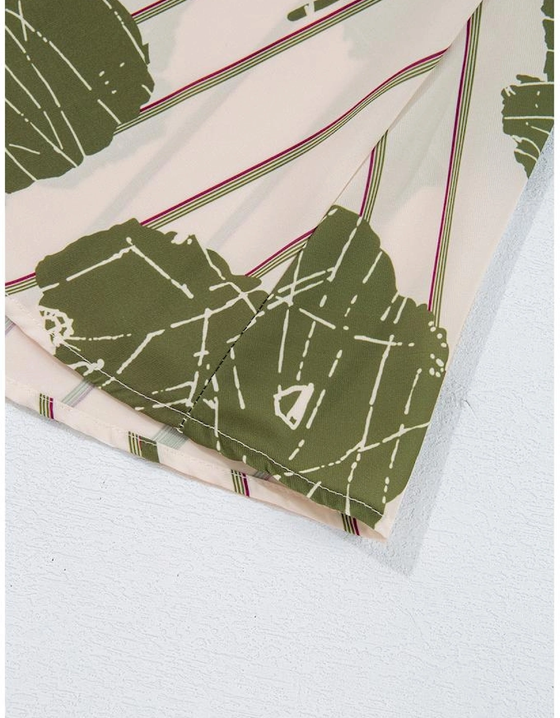 Guacamole Green Floral Striped Print Contrast Piping Puff Sleeve Dress