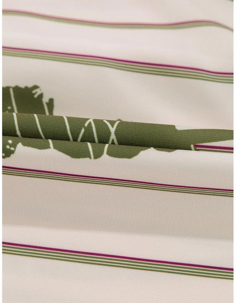 Guacamole Green Floral Striped Print Contrast Piping Puff Sleeve Dress