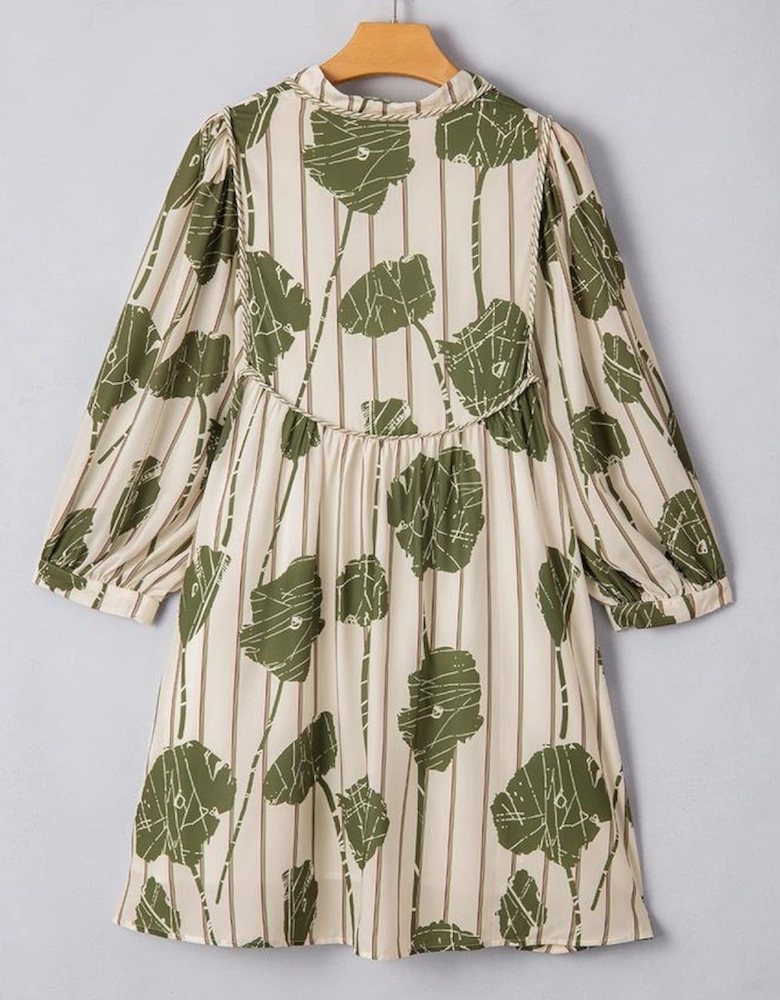 Guacamole Green Floral Striped Print Contrast Piping Puff Sleeve Dress