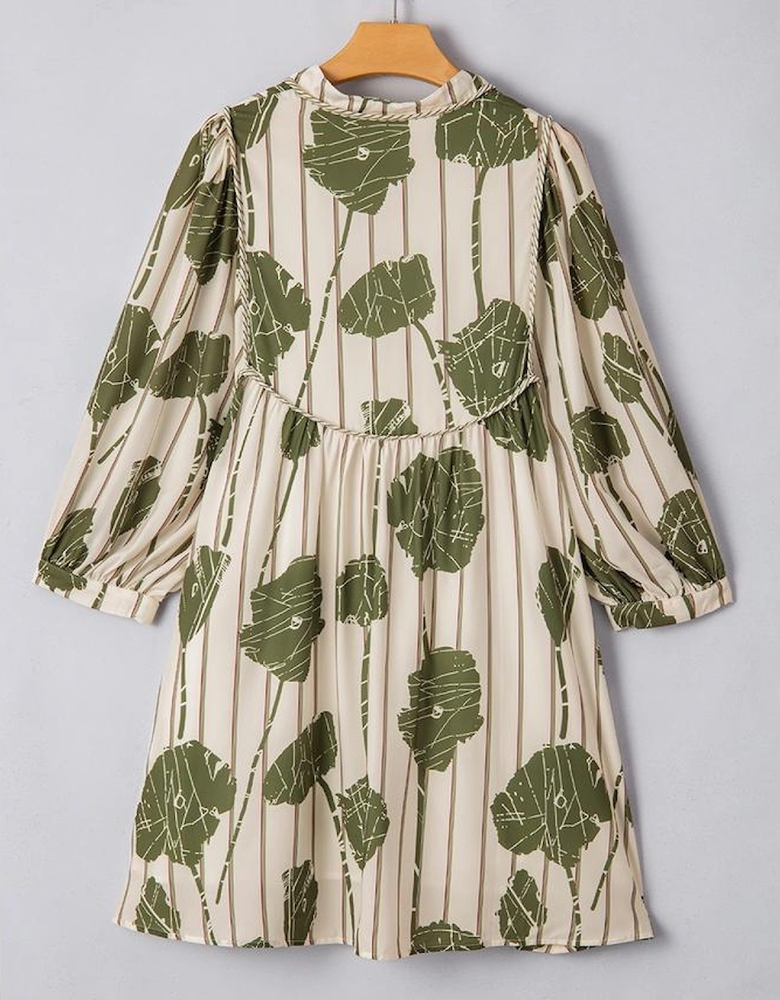 Guacamole Green Floral Striped Print Contrast Piping Puff Sleeve Dress