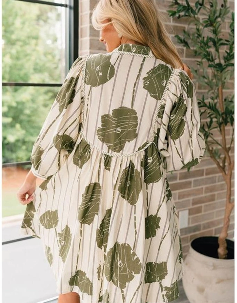 Guacamole Green Floral Striped Print Contrast Piping Puff Sleeve Dress