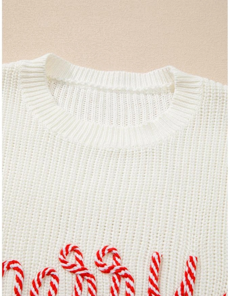 White Striped Merry Bright Letter Christmas Sweater