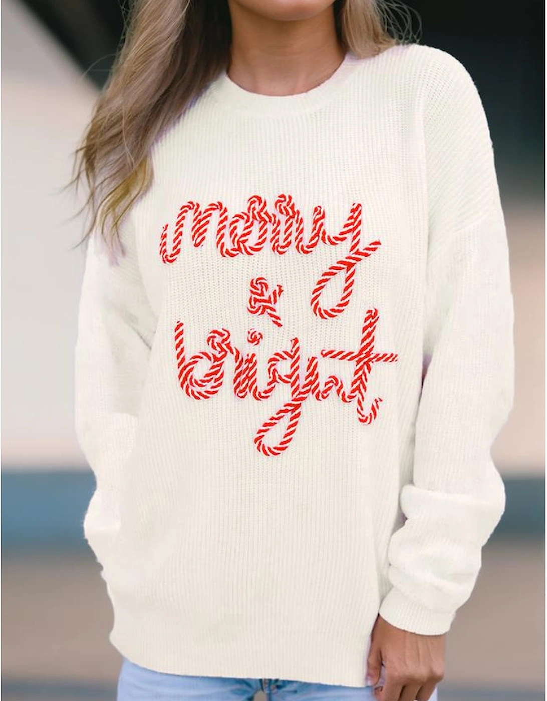 White Striped Merry Bright Letter Christmas Sweater