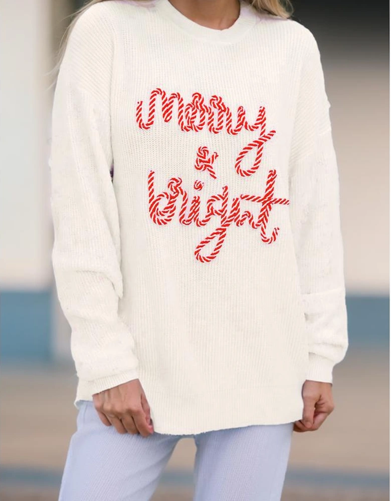 White Striped Merry Bright Letter Christmas Sweater