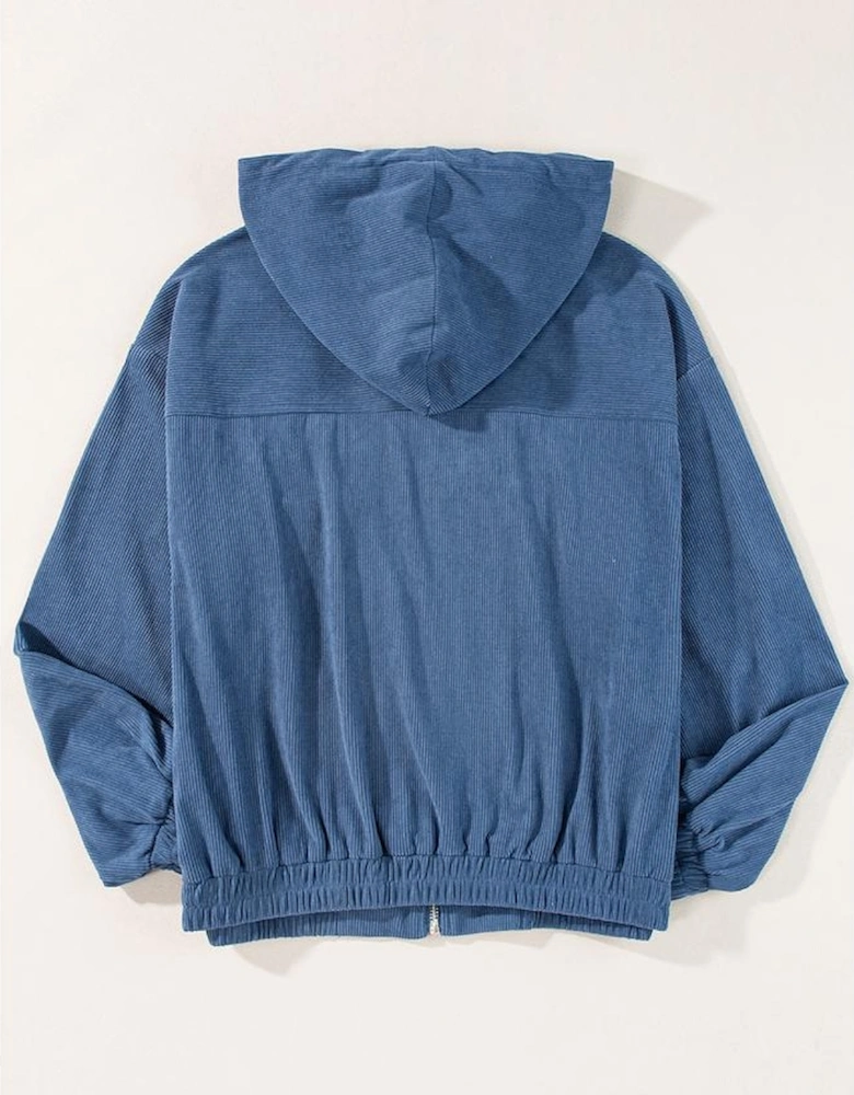 Real Teal Corduroy Drawstring Hooded Pocket Zip Up Jacket