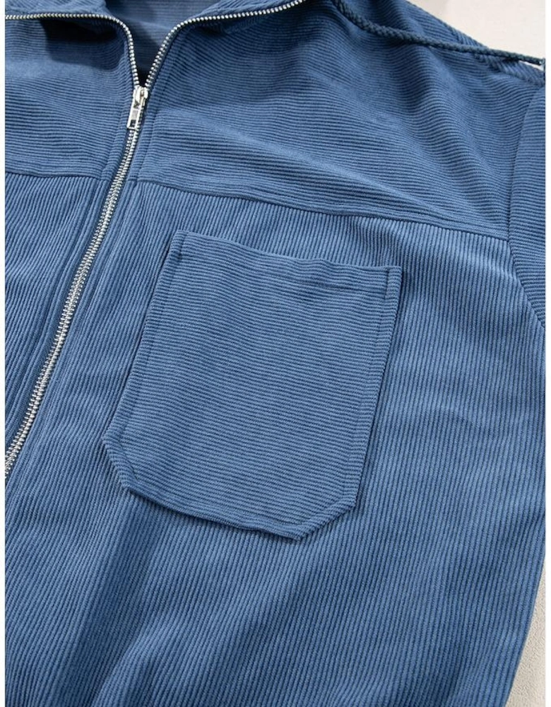 Real Teal Corduroy Drawstring Hooded Pocket Zip Up Jacket