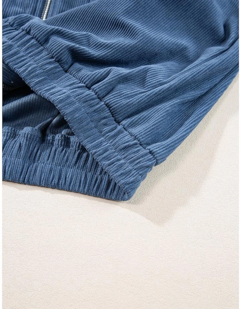 Real Teal Corduroy Drawstring Hooded Pocket Zip Up Jacket