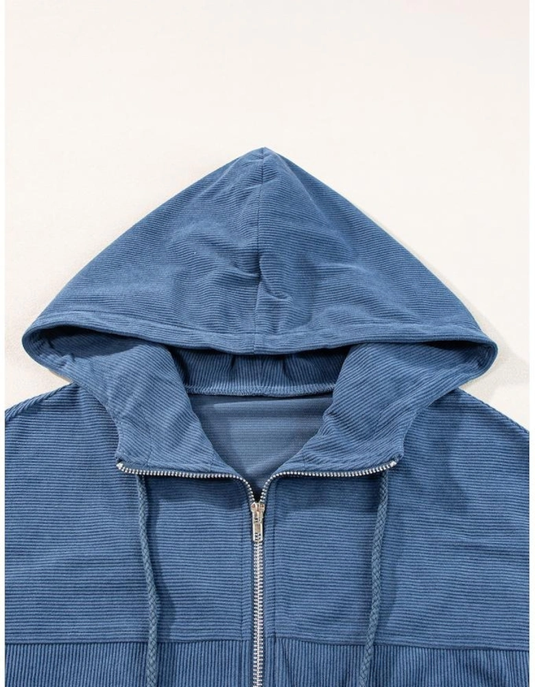 Real Teal Corduroy Drawstring Hooded Pocket Zip Up Jacket