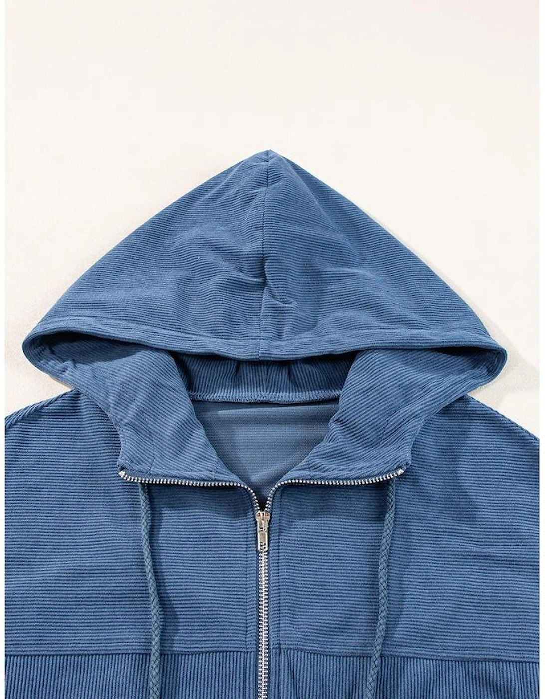 Real Teal Corduroy Drawstring Hooded Pocket Zip Up Jacket