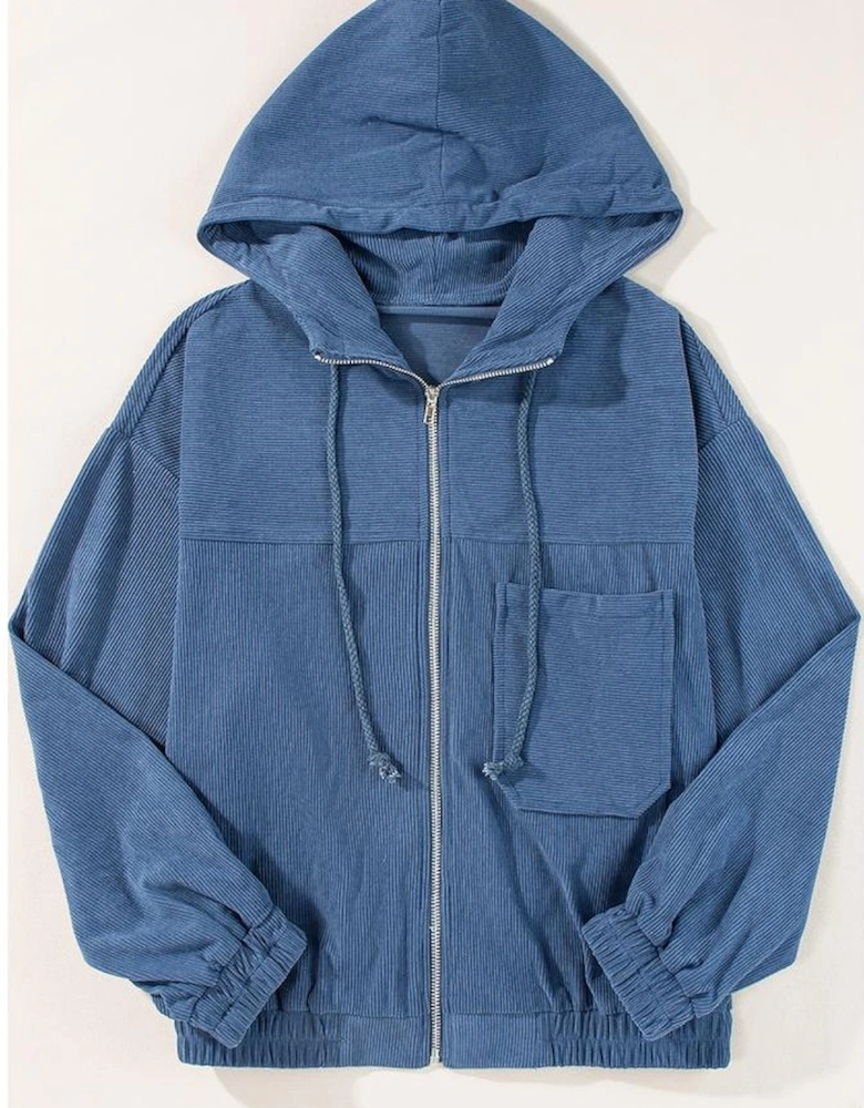 Real Teal Corduroy Drawstring Hooded Pocket Zip Up Jacket