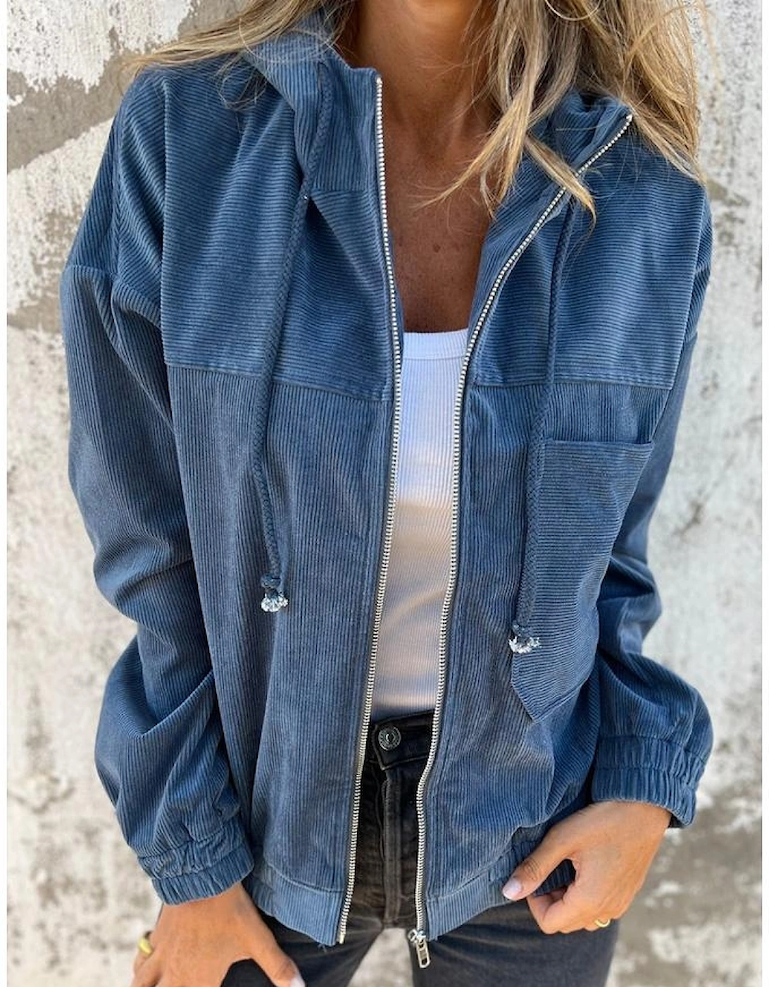 Real Teal Corduroy Drawstring Hooded Pocket Zip Up Jacket