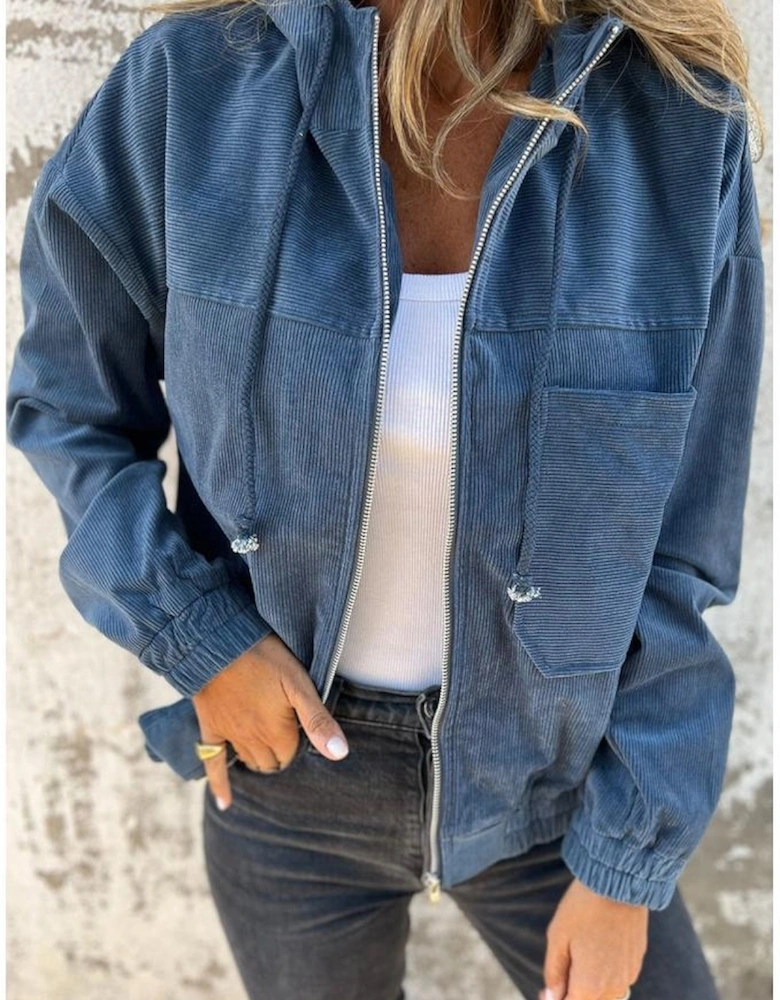 Real Teal Corduroy Drawstring Hooded Pocket Zip Up Jacket