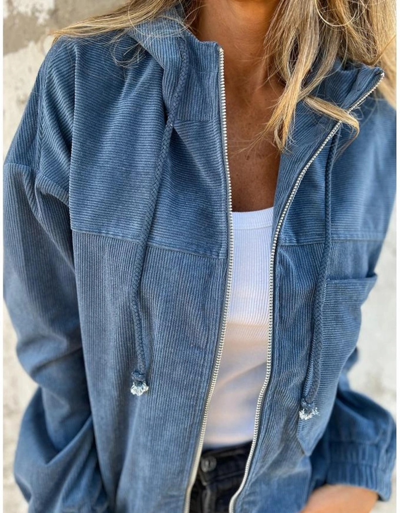 Real Teal Corduroy Drawstring Hooded Pocket Zip Up Jacket