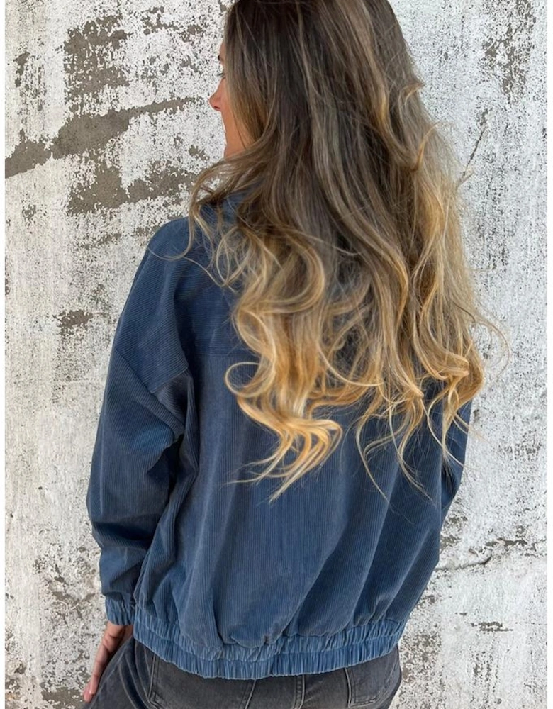 Real Teal Corduroy Drawstring Hooded Pocket Zip Up Jacket