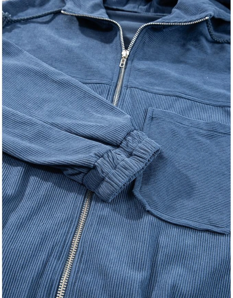 Real Teal Corduroy Drawstring Hooded Pocket Zip Up Jacket