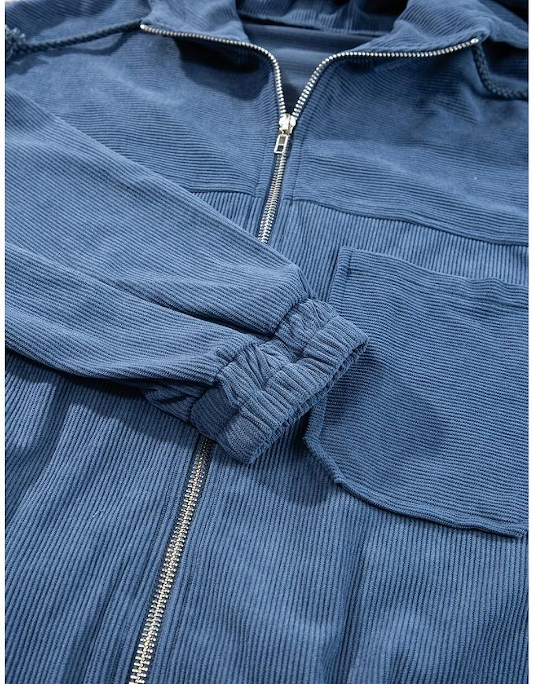 Real Teal Corduroy Drawstring Hooded Pocket Zip Up Jacket