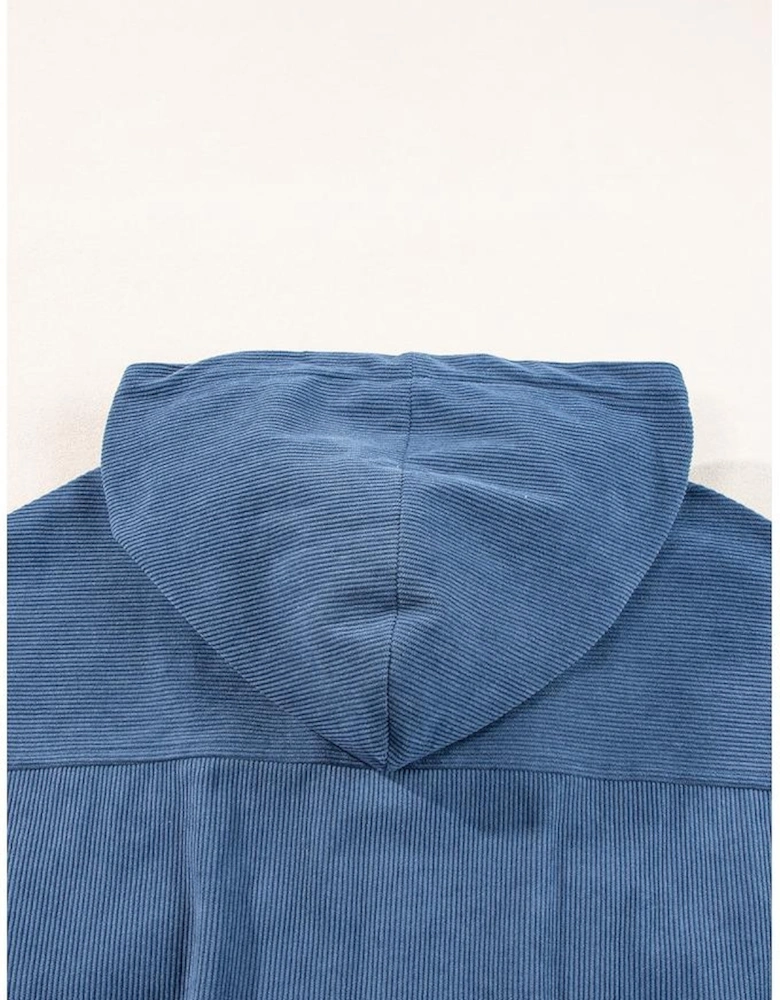 Real Teal Corduroy Drawstring Hooded Pocket Zip Up Jacket