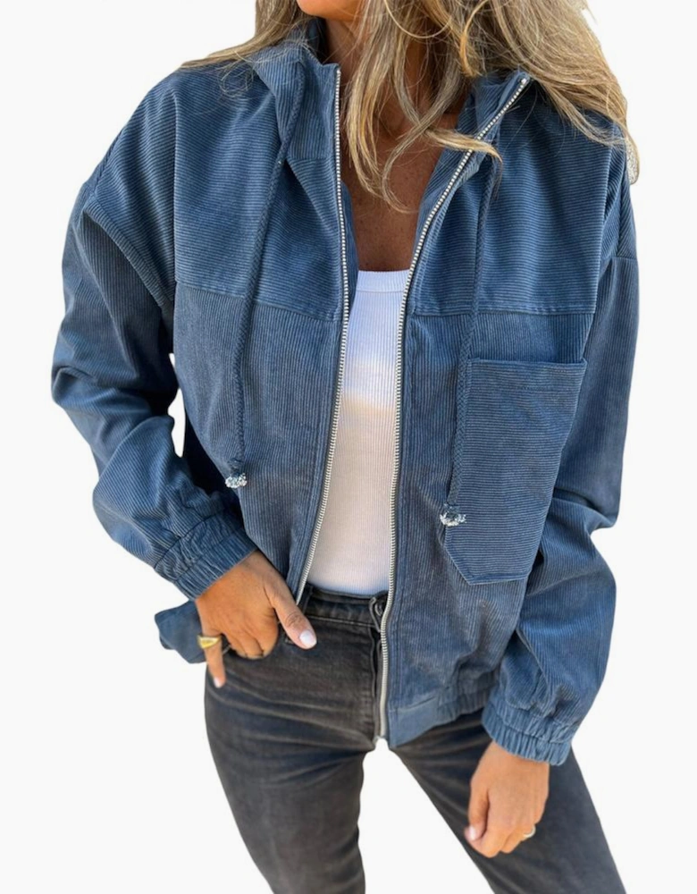 Real Teal Corduroy Drawstring Hooded Pocket Zip Up Jacket