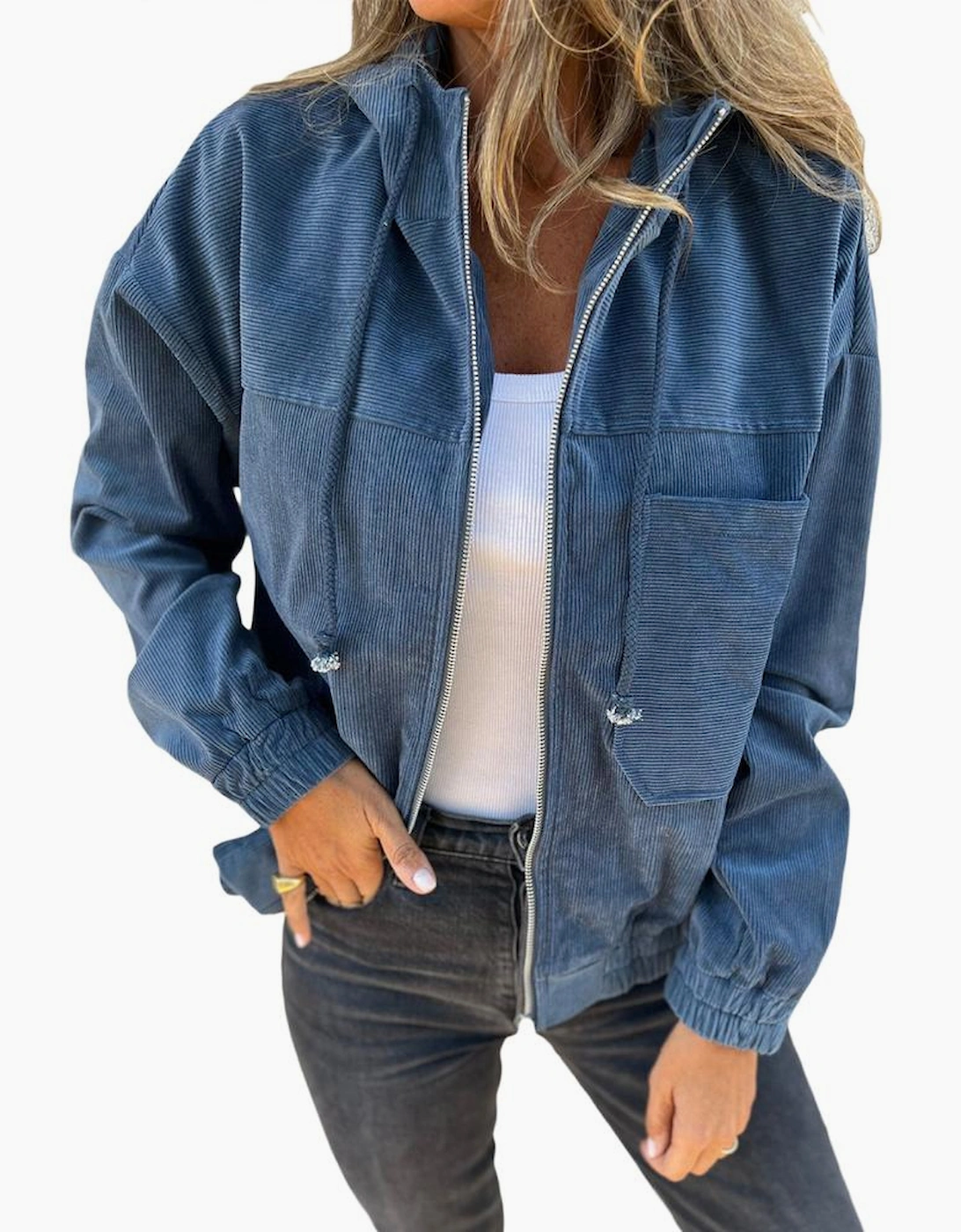 Real Teal Corduroy Drawstring Hooded Pocket Zip Up Jacket