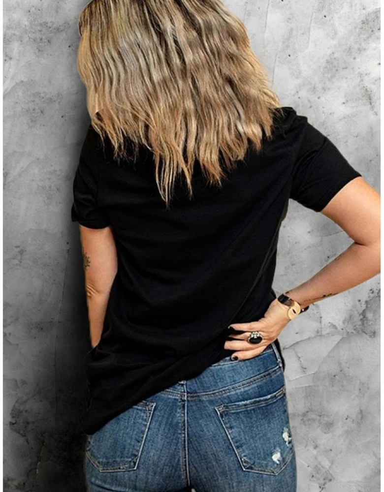 Black Sparkle Rhinestone Smile Face Graphic T Shirt