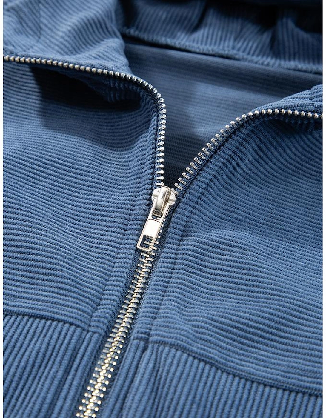 Real Teal Corduroy Drawstring Hooded Pocket Zip Up Jacket