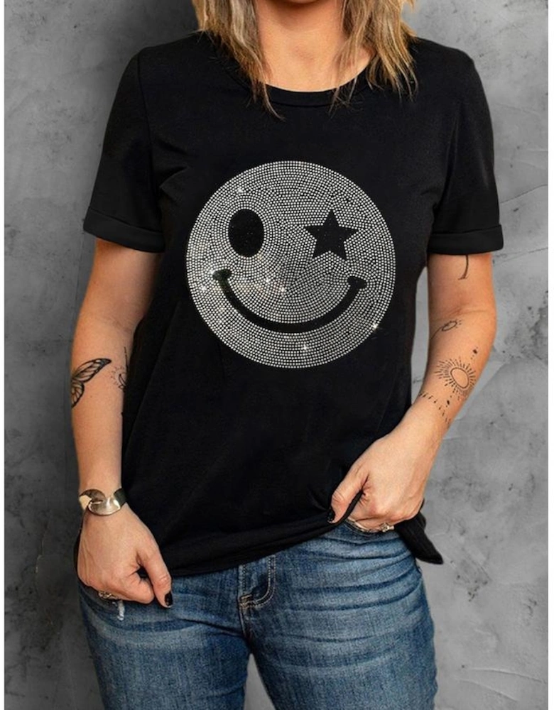 Black Sparkle Rhinestone Smile Face Graphic T Shirt
