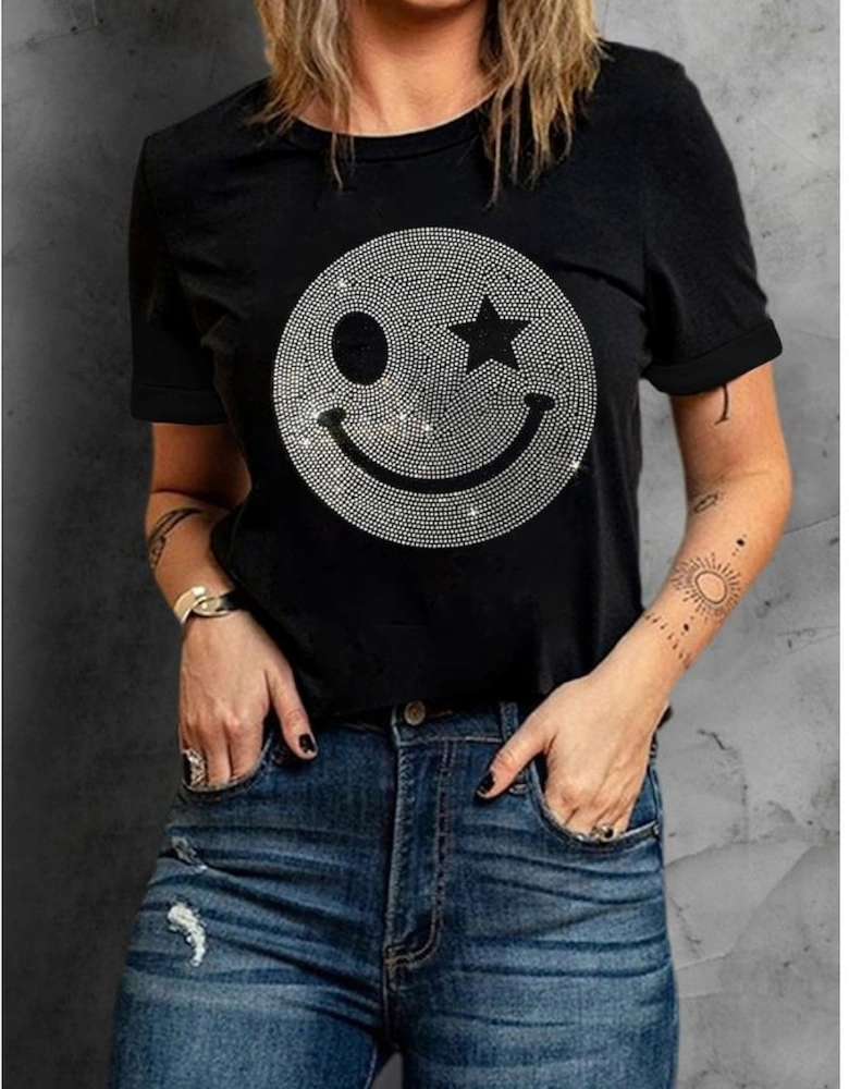 Black Sparkle Rhinestone Smile Face Graphic T Shirt