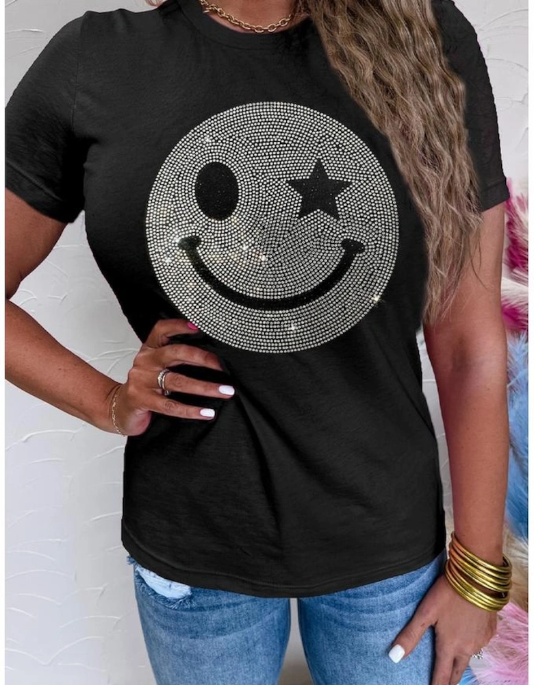 Black Sparkle Rhinestone Smile Face Graphic T Shirt
