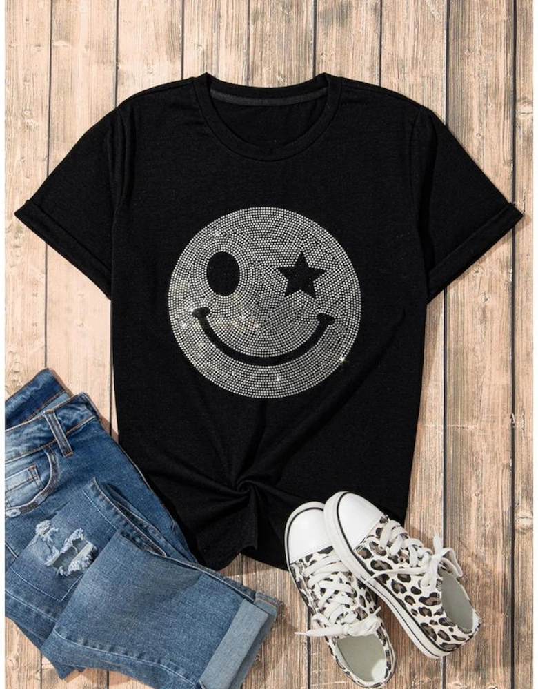 Black Sparkle Rhinestone Smile Face Graphic T Shirt