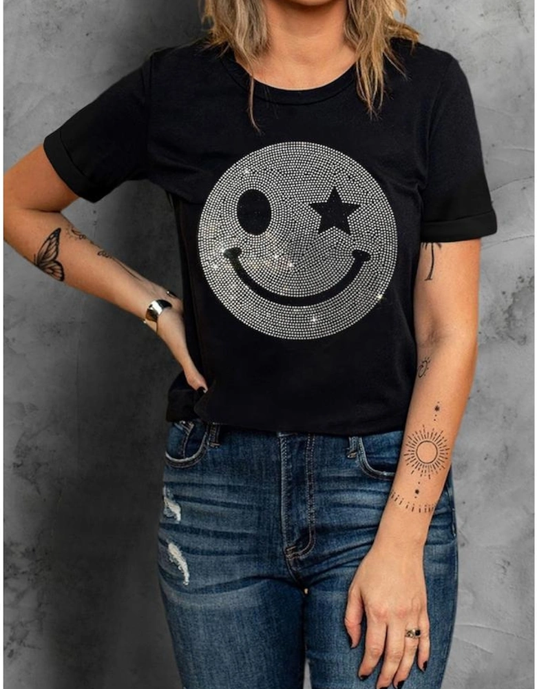 Black Sparkle Rhinestone Smile Face Graphic T Shirt