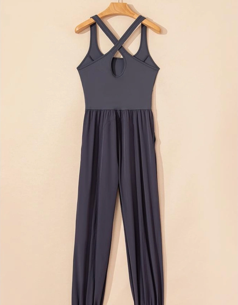 Carbon Grey Back Crossed Straps Hollow Out Jogger Jumpsuit