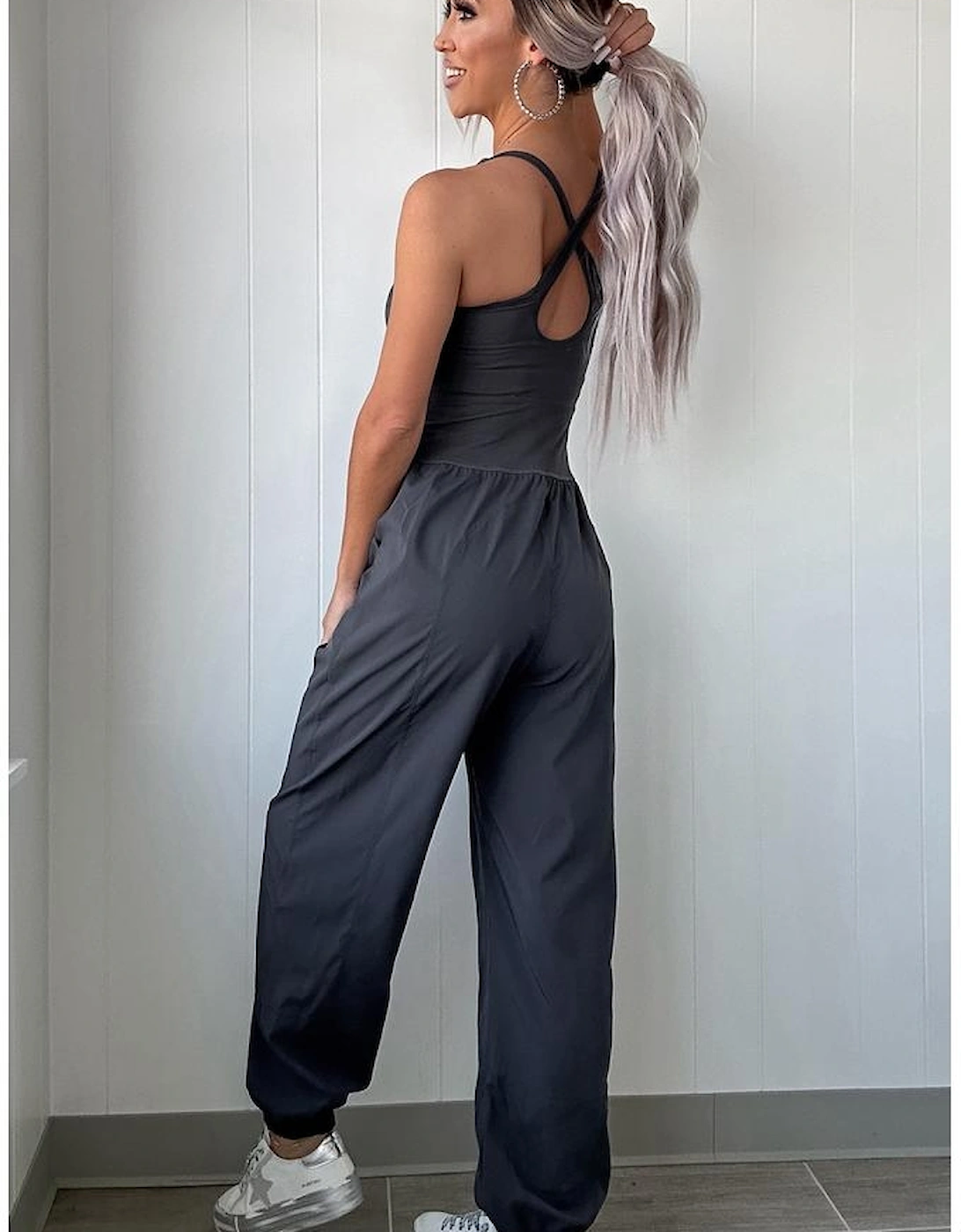 Carbon Grey Back Crossed Straps Hollow Out Jogger Jumpsuit, 15 of 14